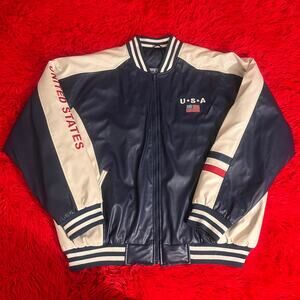 Mens Vintage USA Blue and White Leather Jacket Size XL
